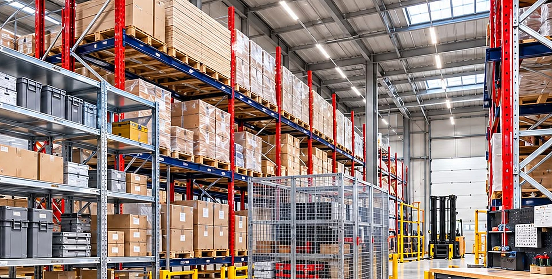 Pallet racking and shelving loaded with stock in a warehouse